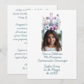 私の初めての聖体拝領をお祝いしよう - フォト フラワー 招待状 (正面/裏面)