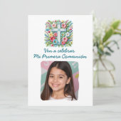 私の初めての聖体拝領 十字架と花のデザイン写真付き 招待状 (スタンド正面)