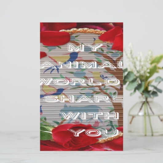 私の動物界:美しい木と鳥のデザイン 便箋 (スタンド正面)