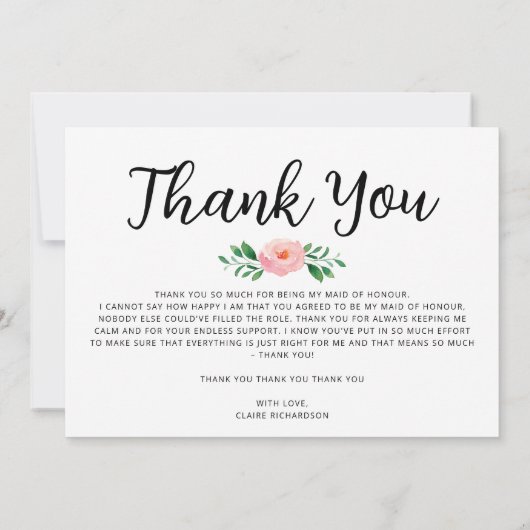 私の名誉のメイドへの感謝 | 名誉のメイド サンキューカード (裏面)