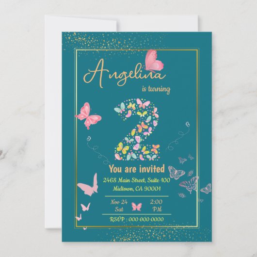 私の天使は二つ回っている：私の蝶の誕生日 招待状 (正面)