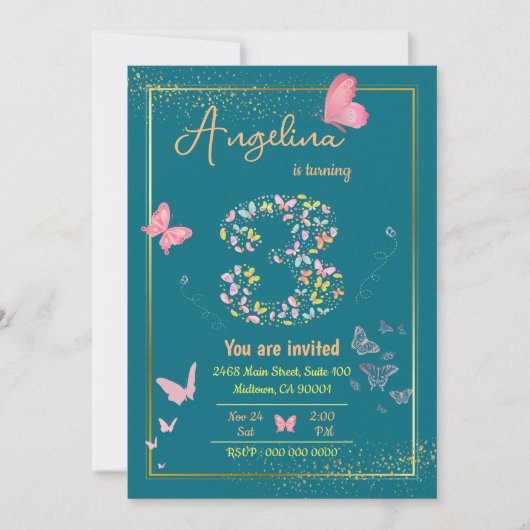 私の天使は3回を回している:私の蝶の誕生日 招待状 (正面)