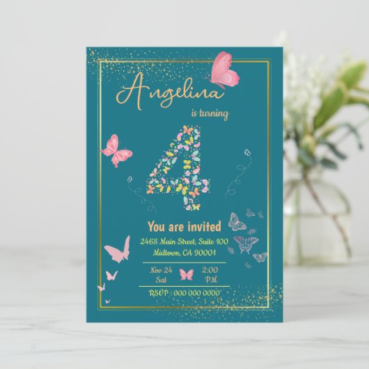 私の天使は4を回っている:私の蝶の誕生日 招待状 (スタンド正面)