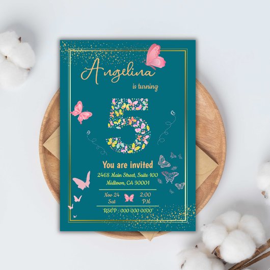 私の天使は5回を回っている:私の蝶の誕生日 招待状