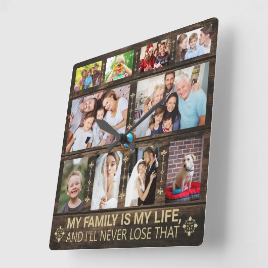 私の家族は私の人生の木の家族の写真コラージュ スクエア壁時計 (傾斜)