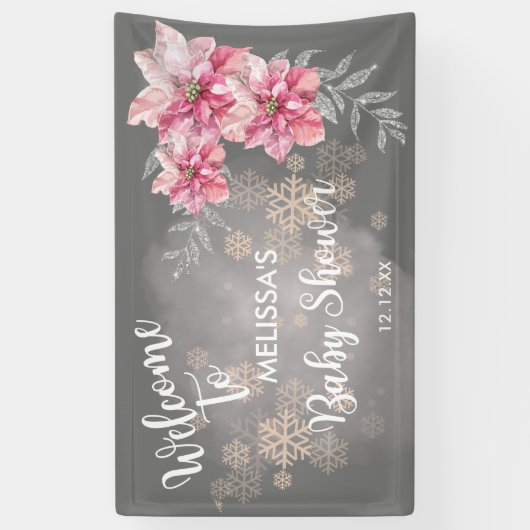 私の小さなスノーフレークピンクポインセチア歓迎 横断幕 (縦)