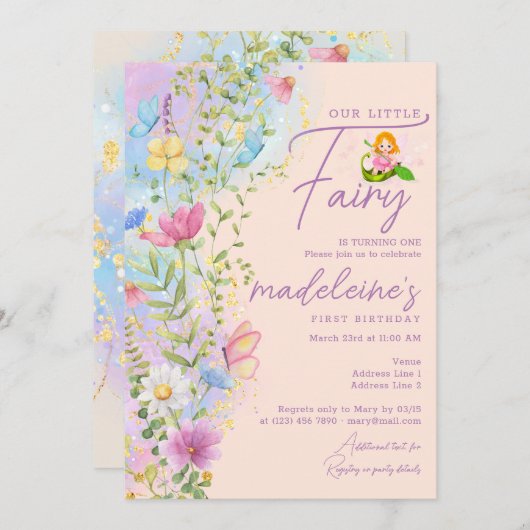 私の小さな妖精のワイルドフラワー 1歳の誕生日 招待状 (正面/裏面)