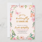 私の小さな蝶の花のピンクの女の子 1歳の誕生日 招待状 (正面)