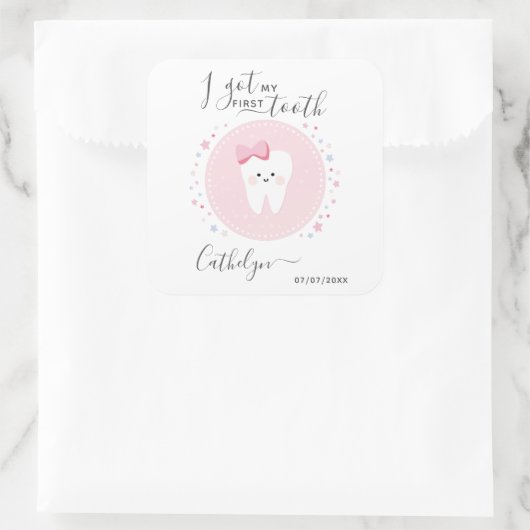 私の得最初の歯のベビーガールの歯の日付 スクエアシール (バッグ)