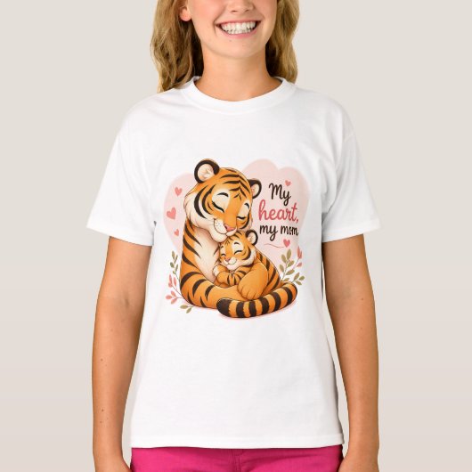 私の心、我が母: かわいいトラの母と子 Tシャツ (正面)