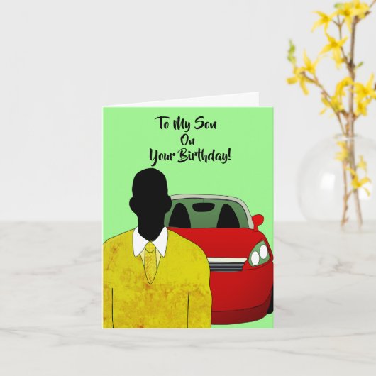 私の息子のスーツとタイのアフリカ系アメリカ人誕生日 カード (黄色い花)