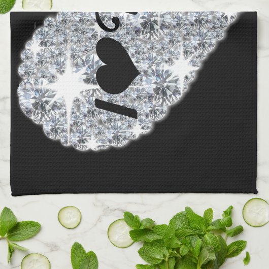 私の愛かわいらしする銀ダイヤモンドハートきらきら光る キッチンタオル (折り畳み)