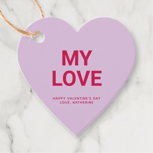 私の愛の紫のハートかわいいバレンタインデーカスタム フェイバータグ (正面)
