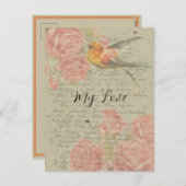 私の愛への手紙ゴールドフィンチピンクのバラの手書き シーズンポストカード (正面/裏面)