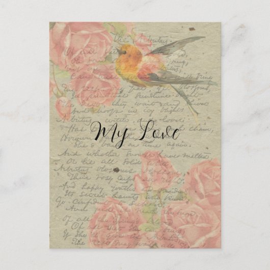 私の愛への手紙ゴールドフィンチピンクのバラの手書き シーズンポストカード (正面)