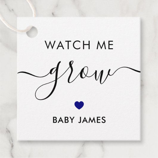 私の成長を見る、植物の赤ちゃんシャワーラベル、ネイビーブルー フェイバータグ (正面)