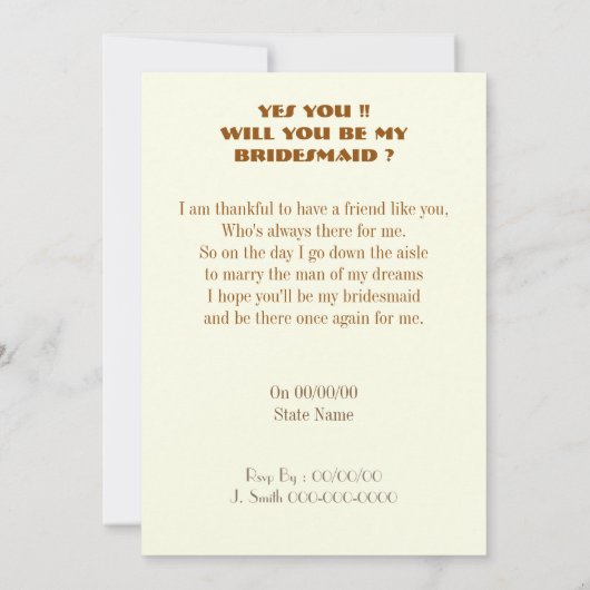 私の新婦付添人またはメイド・オブ・オーナー（花嫁付き添い人）です 招待状 (裏面)