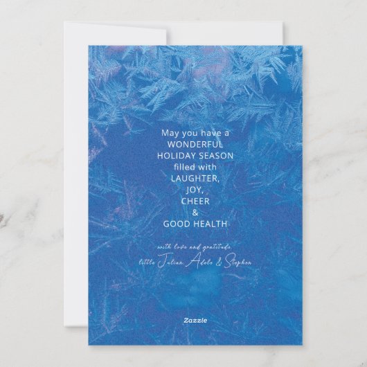 私の時代に私たちの初めてのクリスマスは雪の青をパイン シーズンカード (裏面)