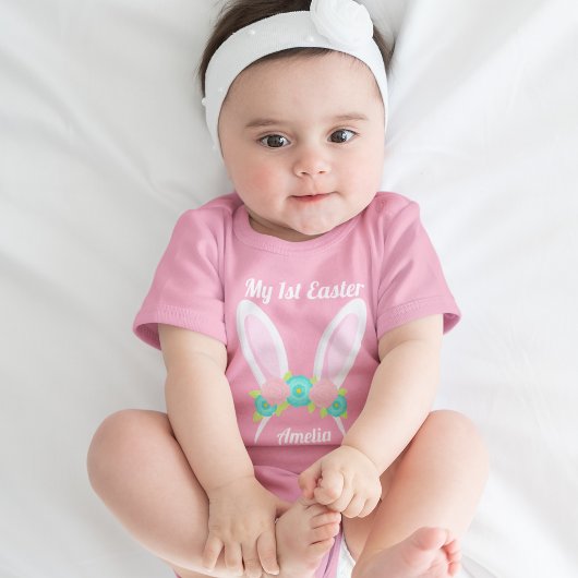 私の最初のイースターキュートピンクバニー耳カスタム ベビーボディスーツ