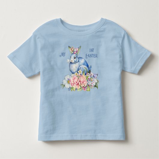 私の最初のイースター フラワー リース 青いウサギ ピンクの花 トドラーTシャツ (正面)
