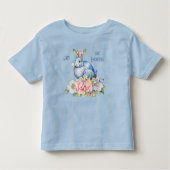 私の最初のイースター フローラル リース ブルー ウサギ ピンクの花 トドラーTシャツ (正面)