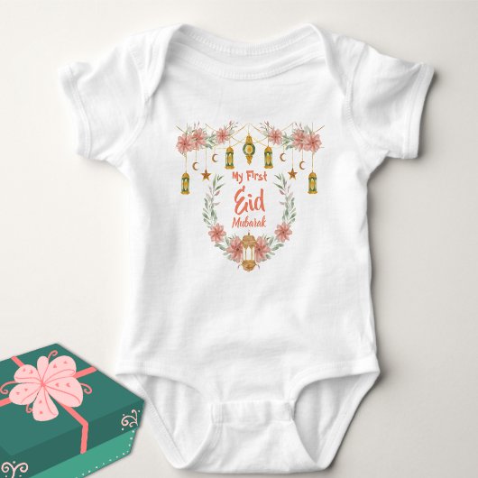 私の最初のイードムバラクかわいい花ランプ月の星 ベビーボディスーツ