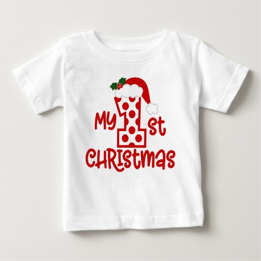 私の最初のクリスマスかわいいモダン水玉模様サンタハット ベビーTシャツ (正面)