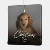 私の最初のクリスマスのペット写真 エレガントなスクリプト セラミックオーナメント (左)