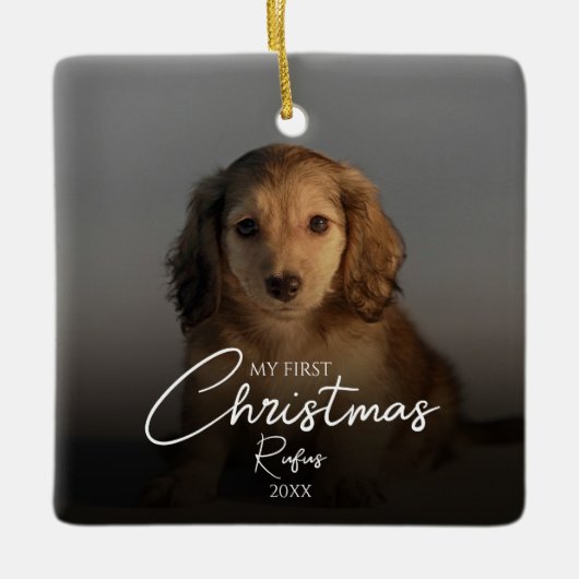 私の最初のクリスマスのペット写真 エレガントなスクリプト セラミックオーナメント (正面)