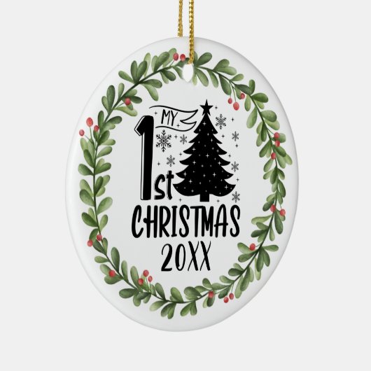 私の最初のクリスマスウォーターカラーリース セラミックオーナメント (右)