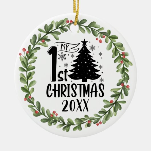 私の最初のクリスマスウォーターカラーリース セラミックオーナメント (正面)