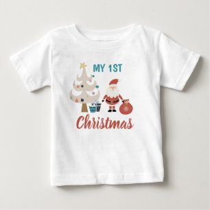 私の最初のクリスマスキュートなサンタクリスマスツリー ベビーTシャツ