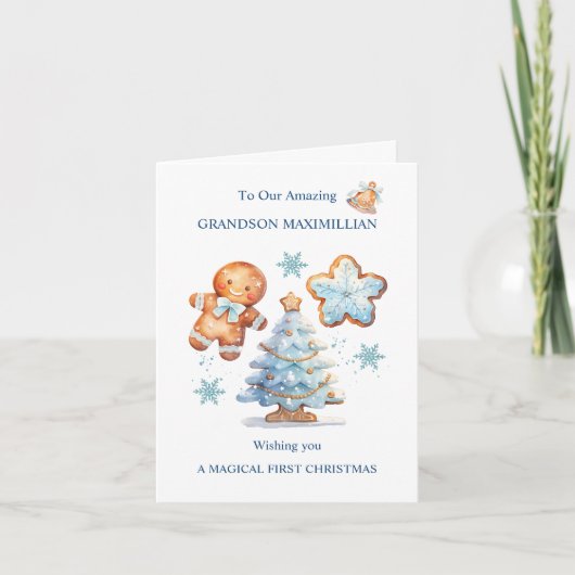 私の最初のクリスマスジンジャーブレッドボーイ雪の木 カード (正面)