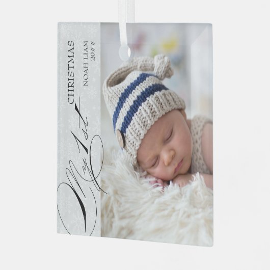 私の最初のクリスマススクリプト垂直フォトスノーフレーク ガラスオーナメント (正面左)