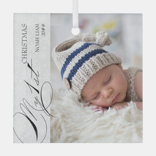 私の最初のクリスマススクリプト垂直フォトスノーフレーク ガラスオーナメント (正面)