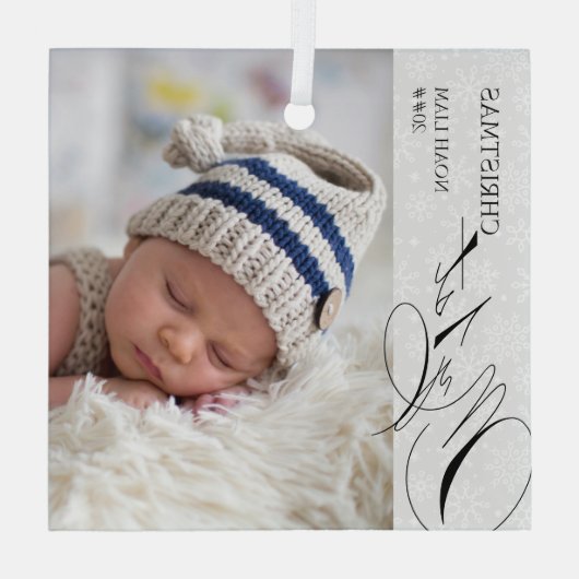 私の最初のクリスマススクリプト垂直フォトスノーフレーク ガラスオーナメント (裏面)