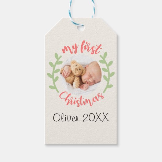 私の最初のクリスマスベビー名PHOTOリースギフトラベル ギフトタグ (正面)