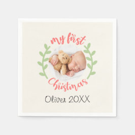 私の最初のクリスマスベビー名PHOTOリース休日 スタンダードカクテルナプキン