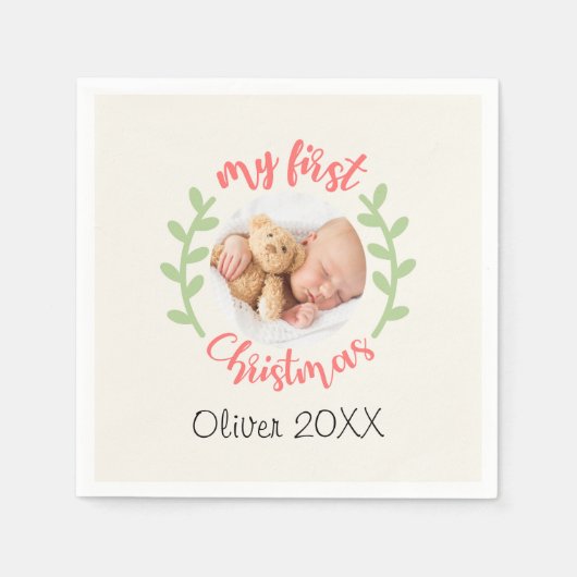 私の最初のクリスマスベビー名PHOTOリース休日 スタンダードカクテルナプキン (正面)