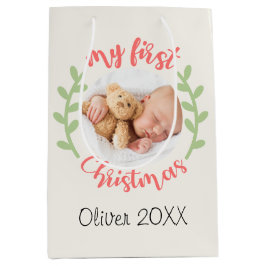 私の最初のクリスマスベビー名PHOTOリース抱き枕 ミディアムペーパーバッグ