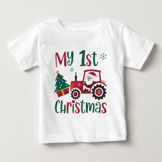 私の最初のクリスマス かわいいサンタ トラクター ファーム ベビーTシャツ (正面)