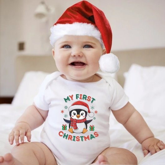 私の最初のクリスマス かわいい冬のクリスマス ペンギン ベビーボディスーツ