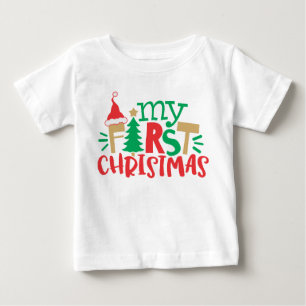 私の最初のクリスマス サンタ帽 ツリー 赤 緑 ベビーTシャツ