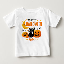 私の最初のハロウィンのかぼちゃの黒猫 ベビーTシャツ