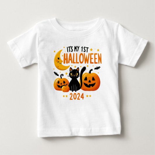 私の最初のハロウィンのかぼちゃの黒猫 ベビーTシャツ (正面)