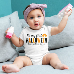 私の最初のハロウィンモダンのオレンジ色の黒と名前 ベビーボディスーツ