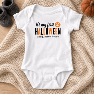 私の最初のハロウィンモダンのオレンジ色の黒と名前 ベビーボディスーツ
