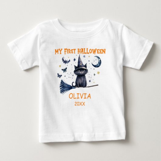 私の最初のハロウィン水彩ねこTシャツ ベビーTシャツ (正面)