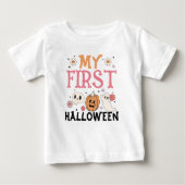 私の最初のハロウィーンかわいいカボチャ幽霊グルービー ベビーTシャツ (正面)