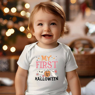 私の最初のハロウィーンかわいいカボチャ幽霊グルービー ベビーTシャツ